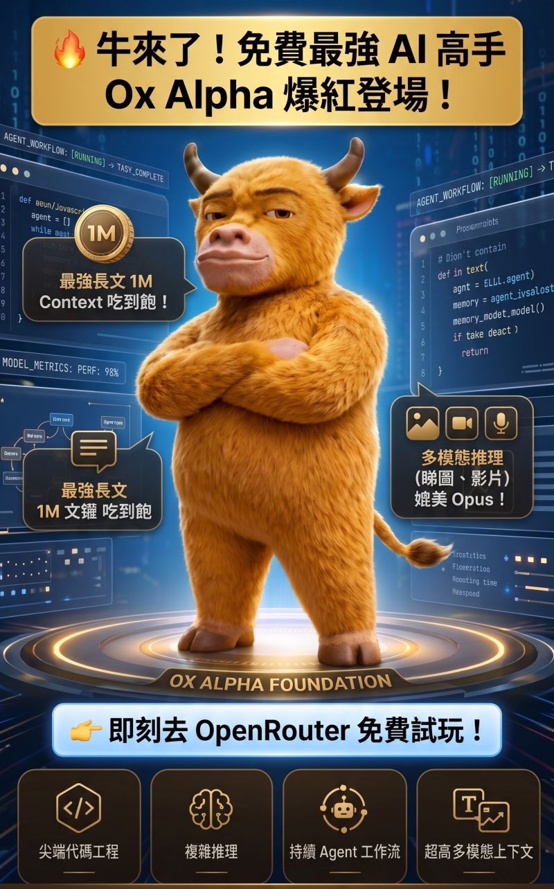 零成本爽用頂級 AI!神秘「牛來」(Ox Alpha)限時 $0